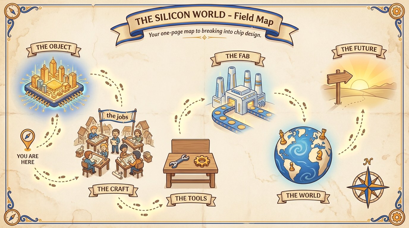 Illustrated field map of the semiconductor industry: the object, the craft, the tools, the fab, the world, the future