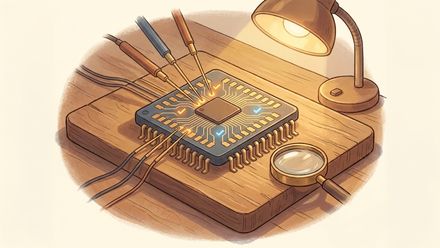 A microchip under fine golden test probes with a magnifier and warm lamp