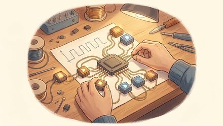 Hands assembling logic-gate blocks into a chip, a waveform sketched nearby