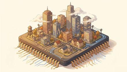 A microchip with a tiny city built on its surface